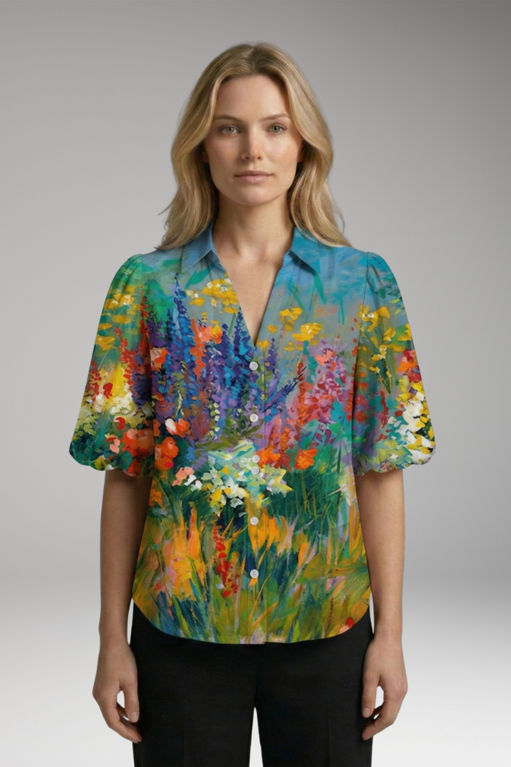 Women's Blouse with V-neck and Button-Down Front