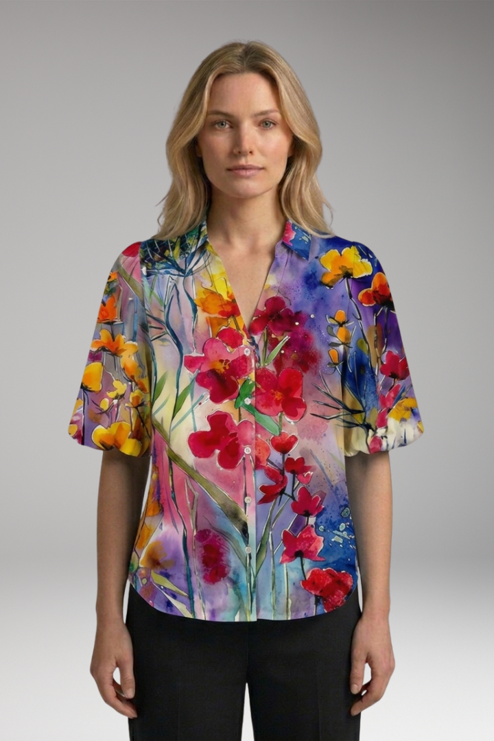Women's Blouse with V-neck and Button-Down Front