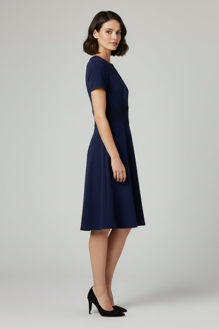 Women's Blue Dress with Lace Detailing and Defined Waist