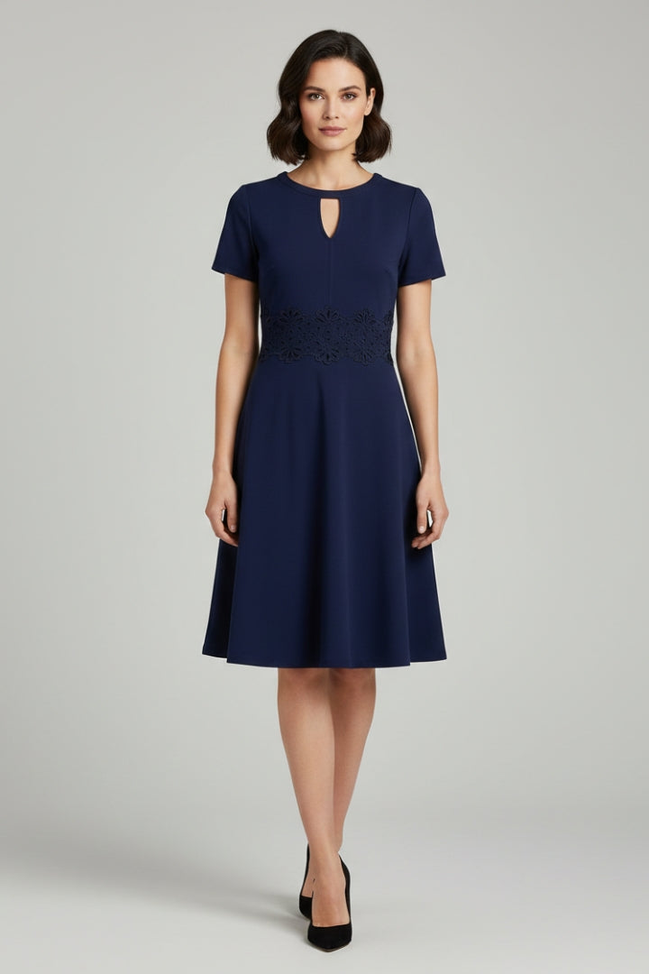 Women's Blue Dress with Lace Detailing and Defined Waist