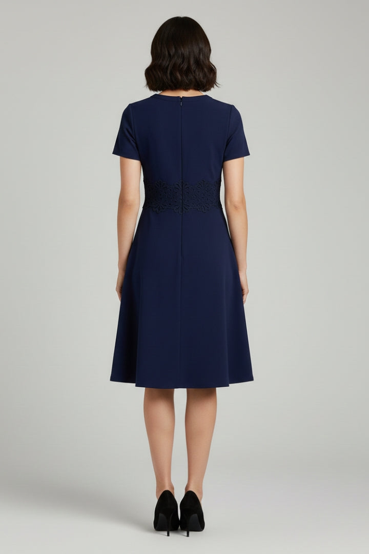 Women's Blue Dress with Lace Detailing and Defined Waist