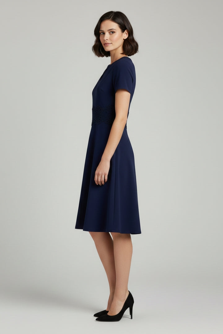 Women's Blue Dress with Lace Detailing and Defined Waist