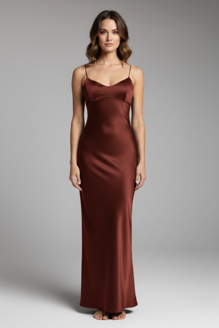 Women's Bodycon Long Dress with Satin Fabric and Feminine Straps