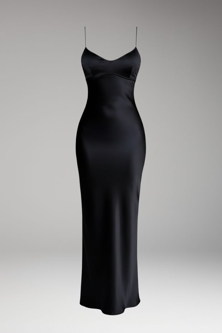 Women's Bodycon Long Dress with Satin Fabric and Feminine Straps