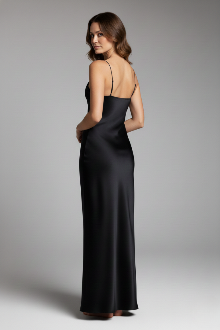 Women's Bodycon Long Dress with Satin Fabric and Feminine Straps
