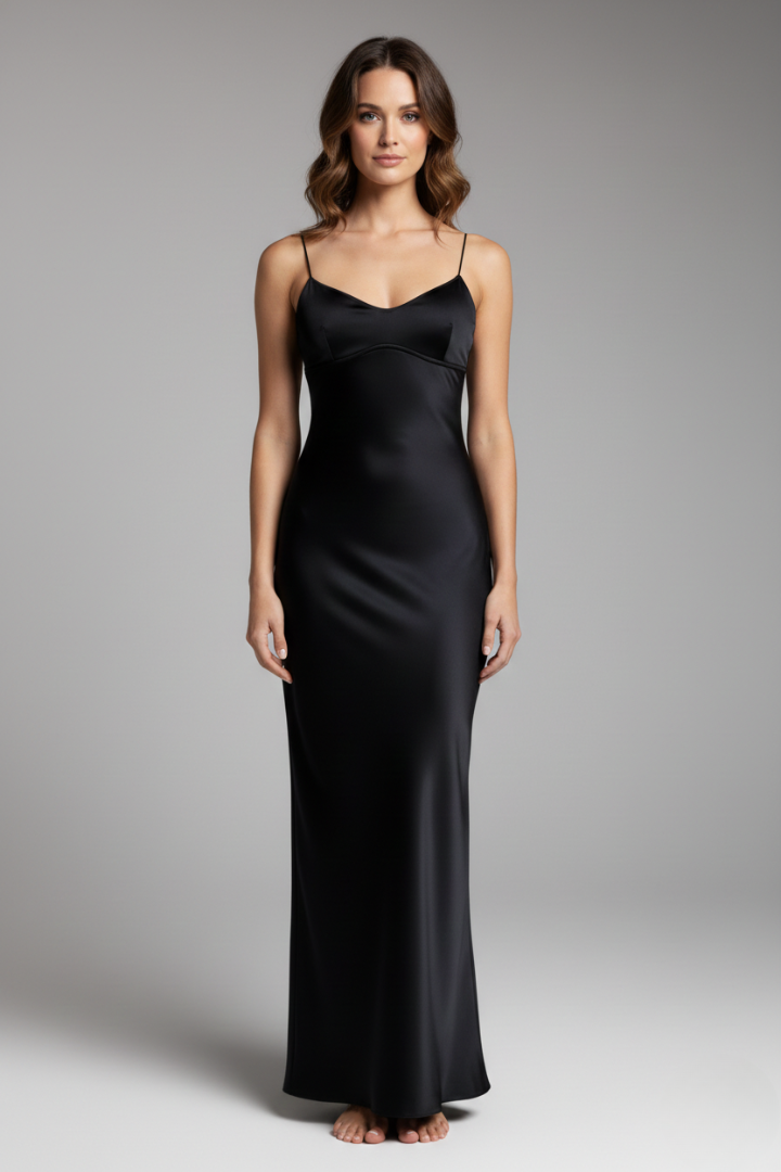 Women's Bodycon Long Dress with Satin Fabric and Feminine Straps