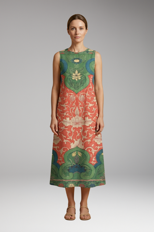Women's Bohemian Midi Dress with Floral Print and Relaxed Fit