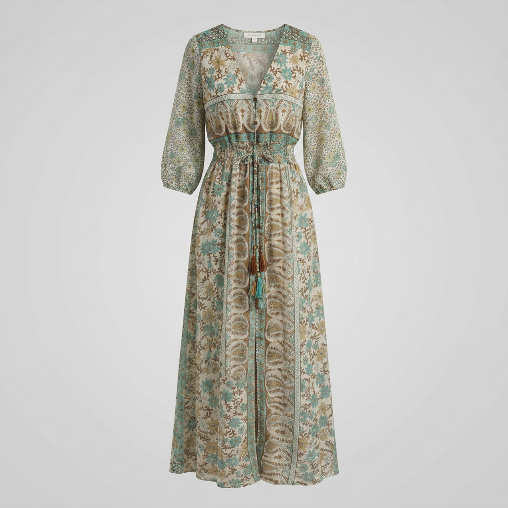Women's Bohemian Print Dress with V-Neck and Relaxed Fit