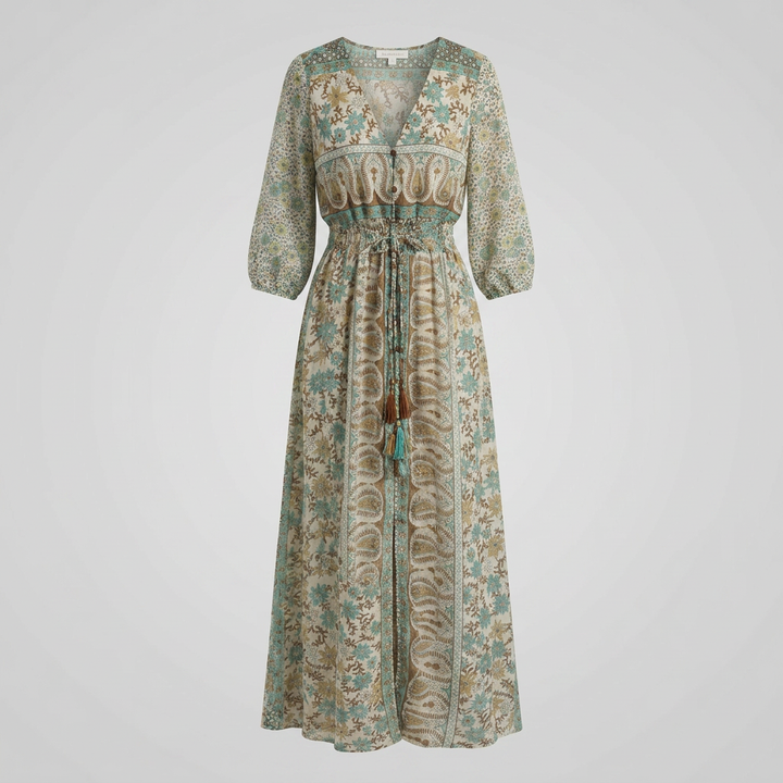 Women's Bohemian Print Dress with V-Neck and Relaxed Fit
