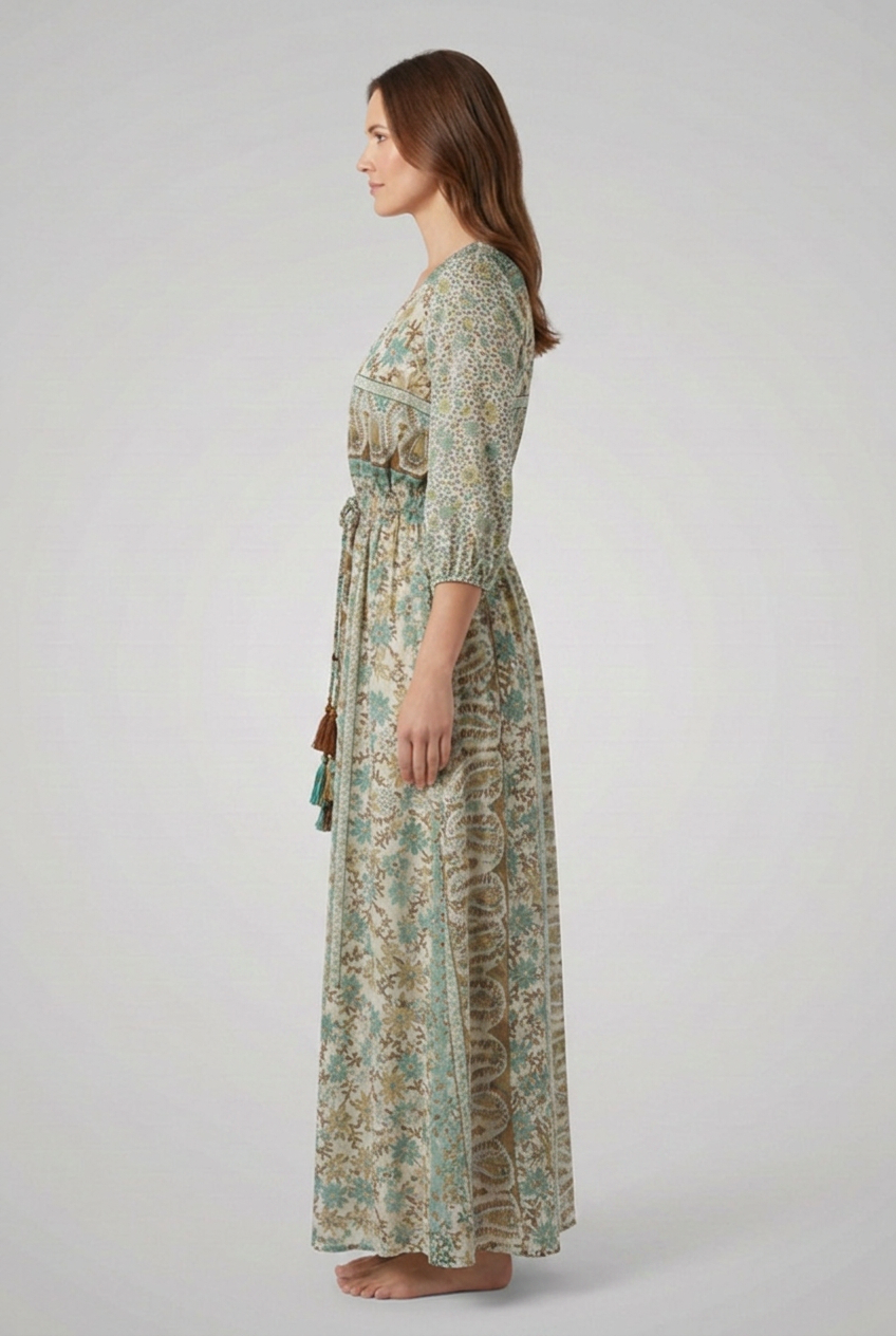 Women's Bohemian Print Dress with V-Neck and Relaxed Fit
