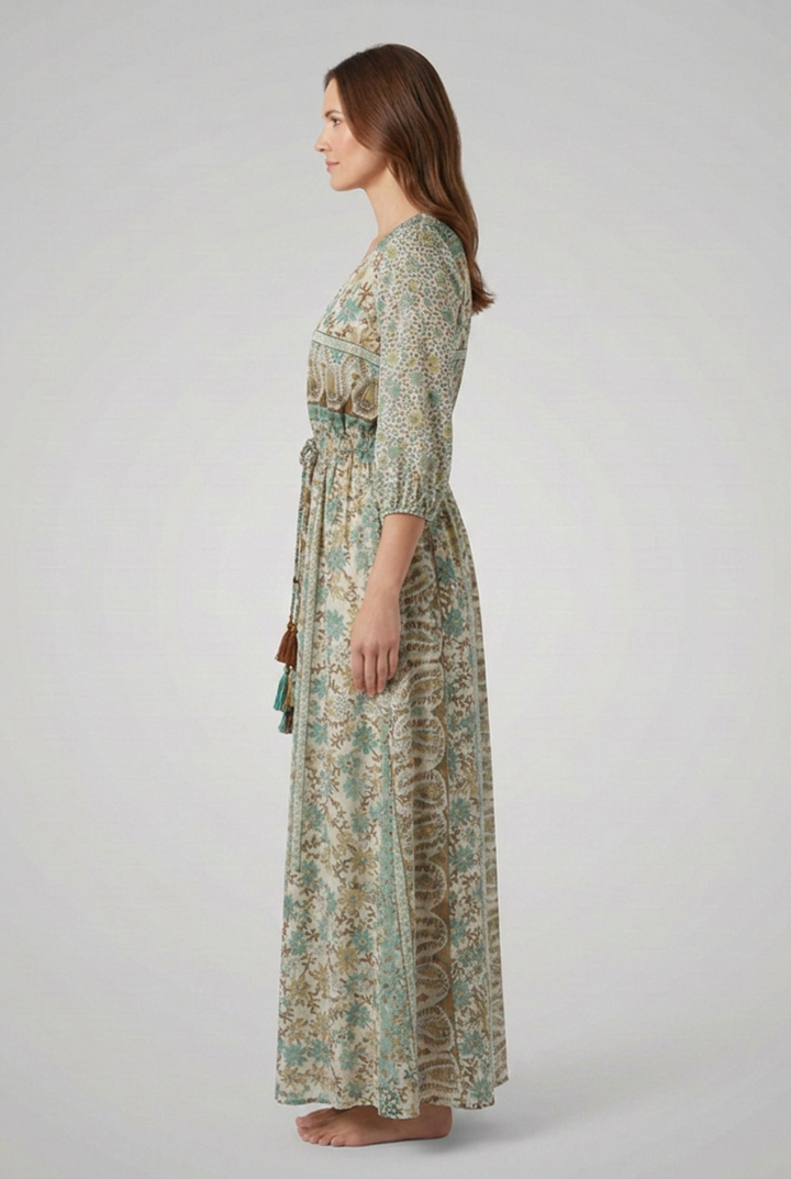 Women's Bohemian Print Dress with V-Neck and Relaxed Fit