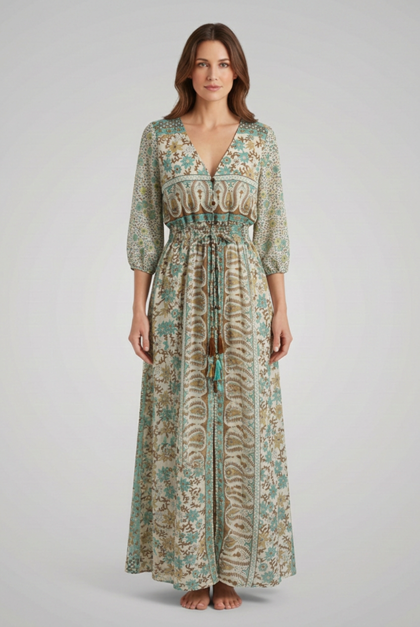 Women's Bohemian Print Dress with V-Neck and Relaxed Fit
