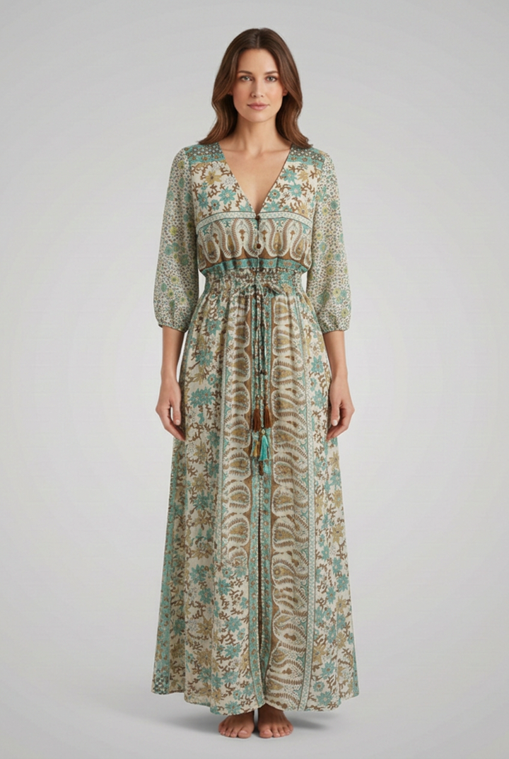 Women's Bohemian Print Dress with V-Neck and Relaxed Fit