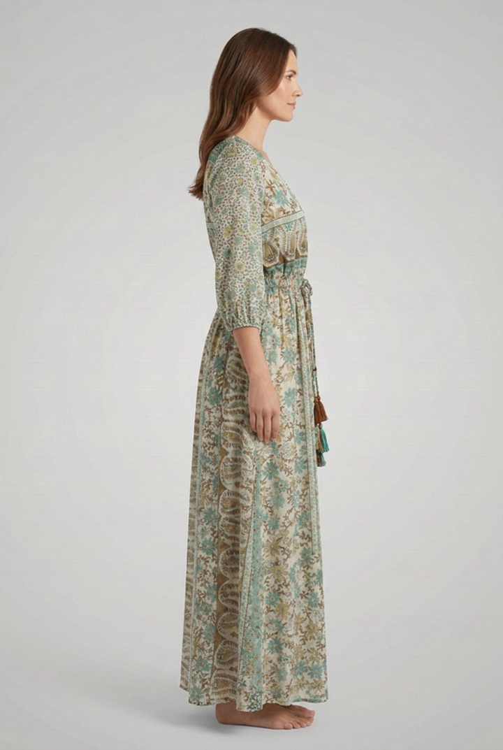 Women's Bohemian Print Dress with V-Neck and Relaxed Fit