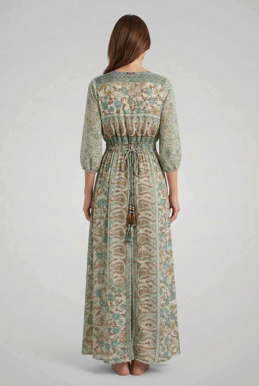 Women's Bohemian Print Dress with V-Neck and Relaxed Fit