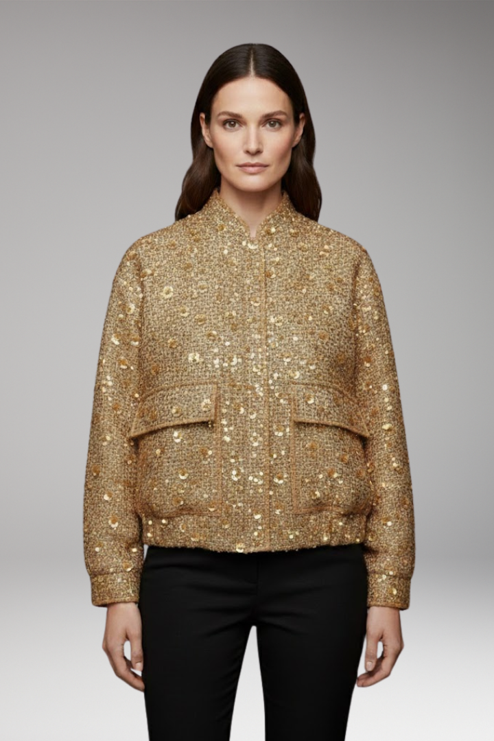 Women's Bomber Jacket with Collar Neckline and Elastic Hem