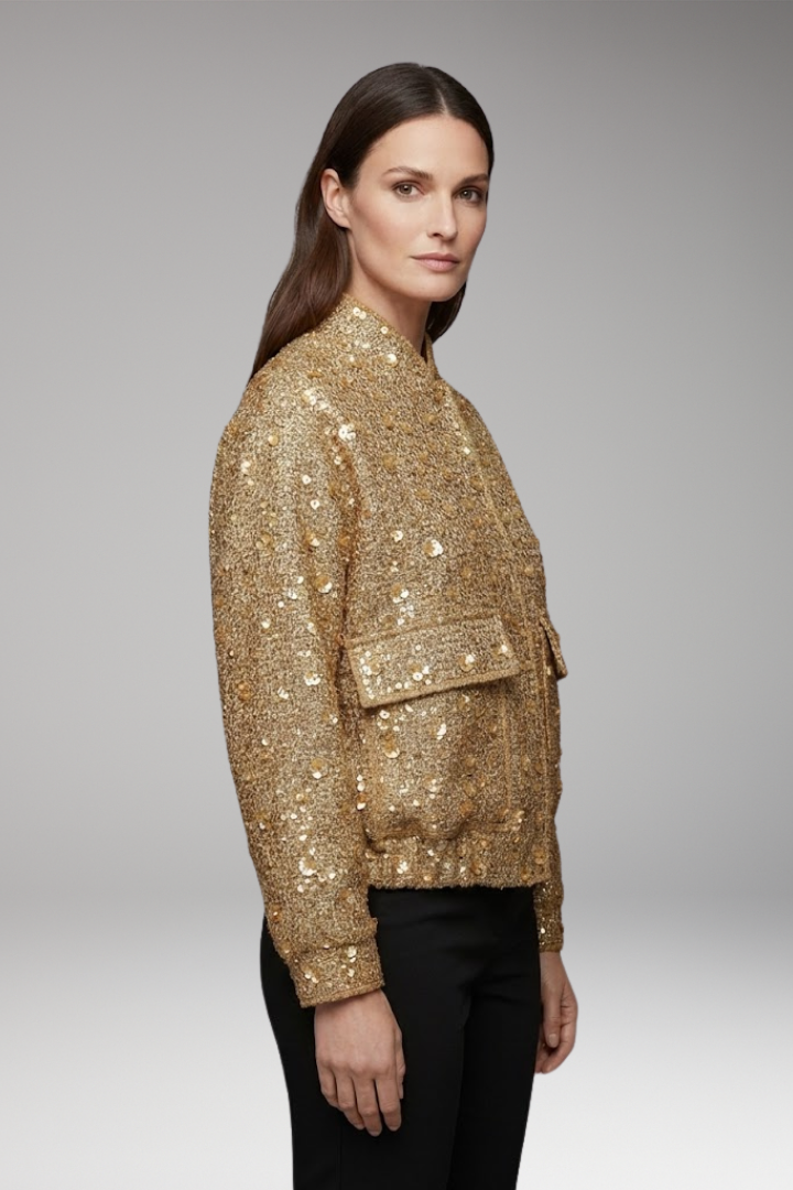 Women's Bomber Jacket with Collar Neckline and Elastic Hem