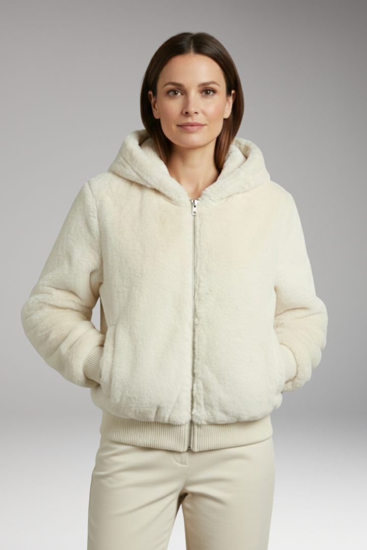 Women's Bomber Jacket with Faux Fur Surface and Zipper Closure