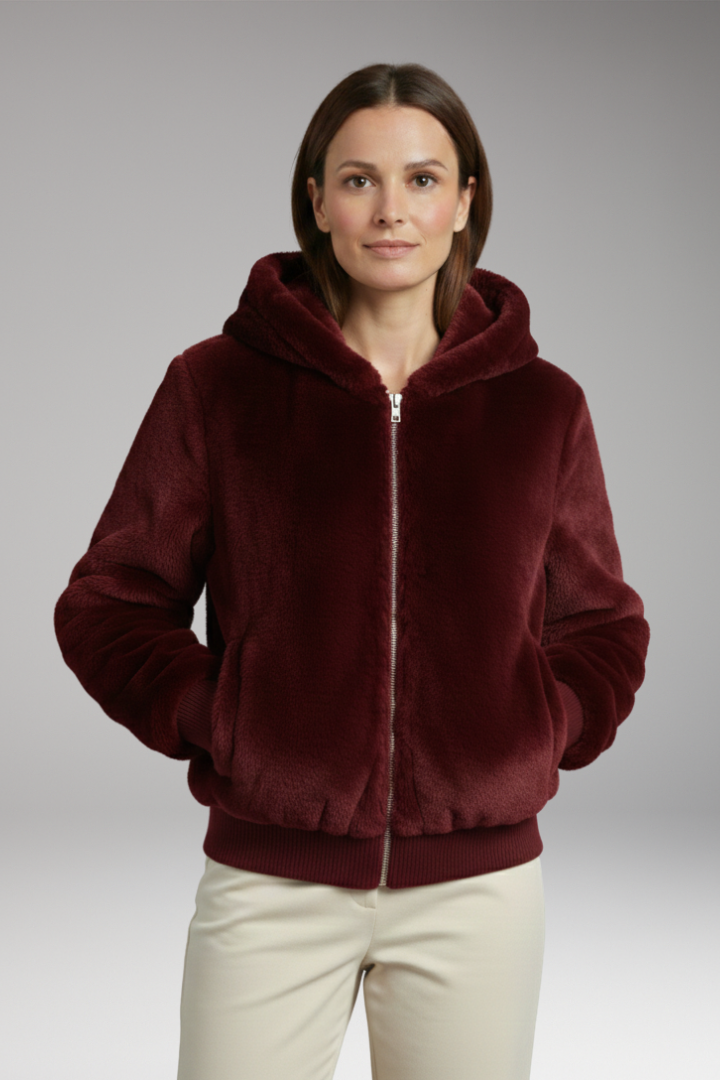 Women's Bomber Jacket with Faux Fur Surface and Zipper Closure