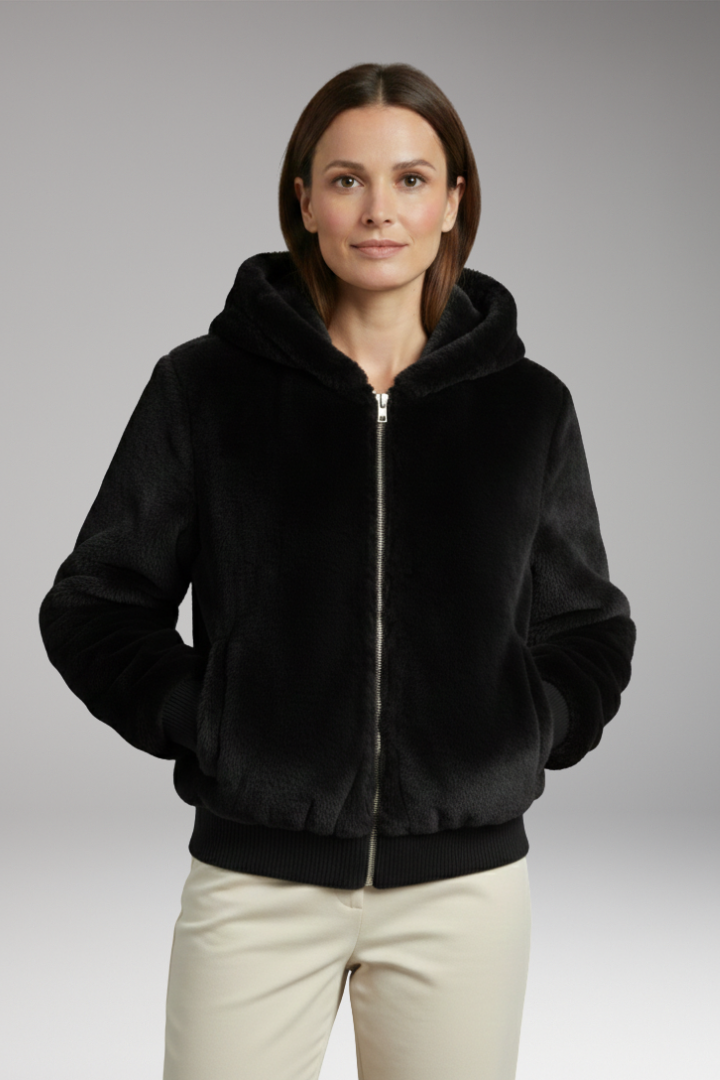 Women's Bomber Jacket with Faux Fur Surface and Zipper Closure