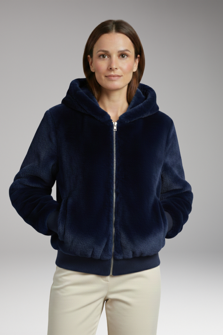 Women's Bomber Jacket with Faux Fur Surface and Zipper Closure