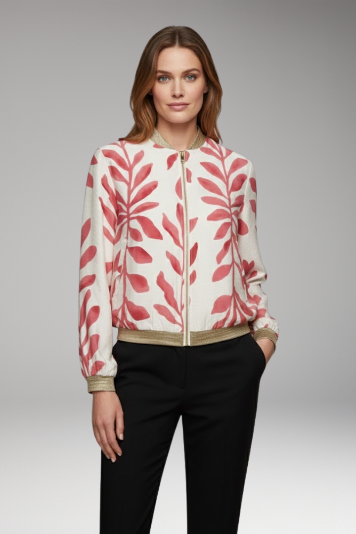 Women’s Bomber Jacket with Floral Design and Seam-Stitched Pockets