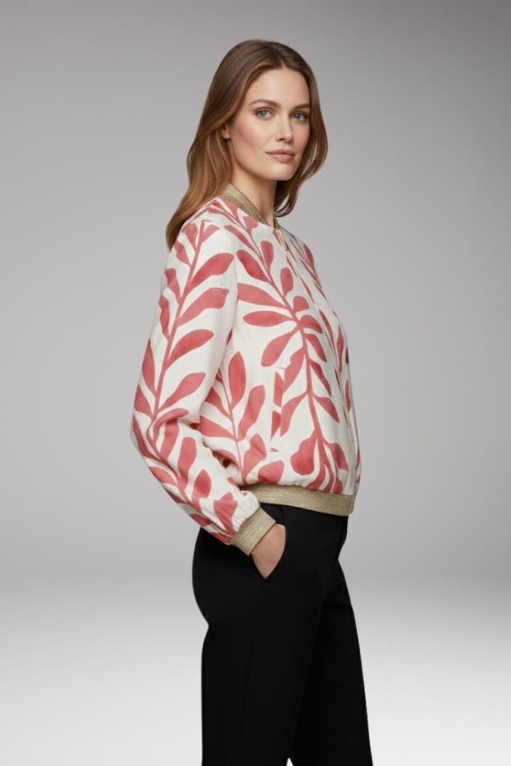 Women’s Bomber Jacket with Floral Design and Seam-Stitched Pockets