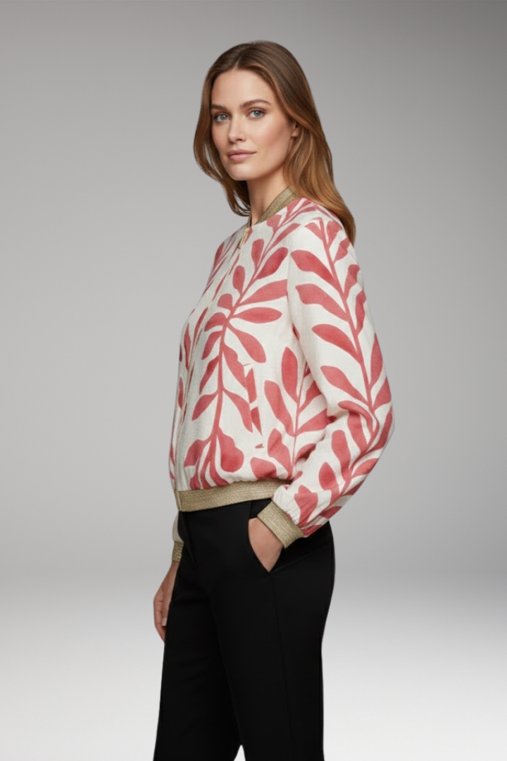 Women’s Bomber Jacket with Floral Design and Seam-Stitched Pockets