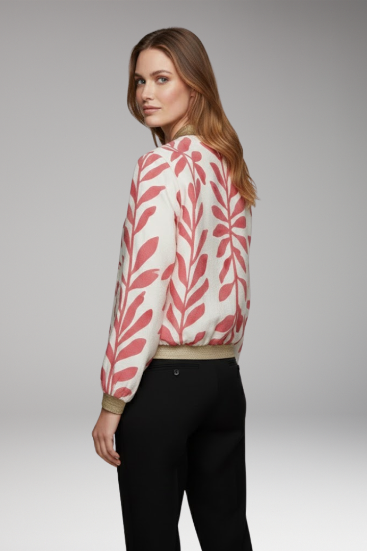 Women’s Bomber Jacket with Floral Design and Seam-Stitched Pockets