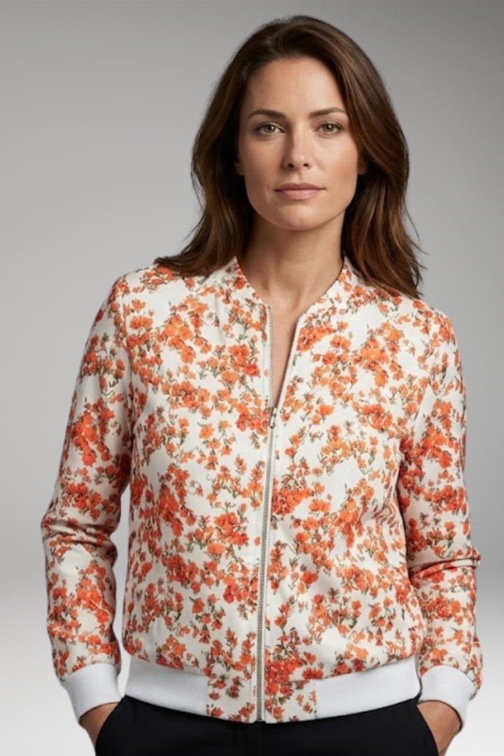 Women’s Bomber Jacket with Floral Design and Zipper Closure