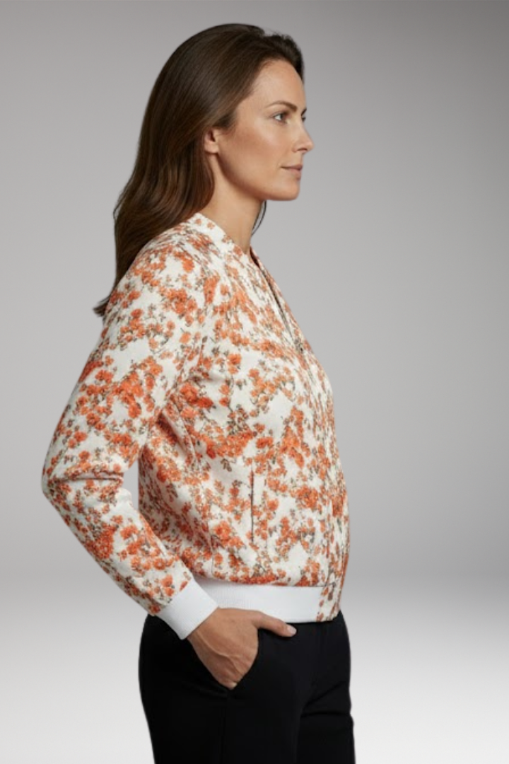 Women’s Bomber Jacket with Floral Design and Zipper Closure