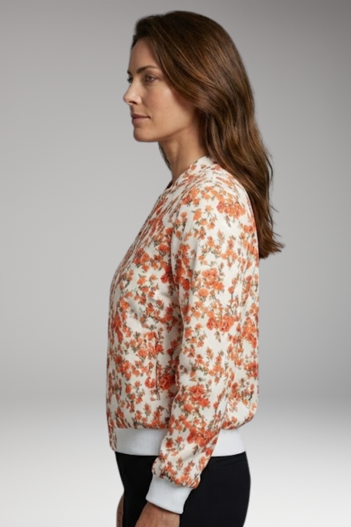 Women’s Bomber Jacket with Floral Design and Zipper Closure