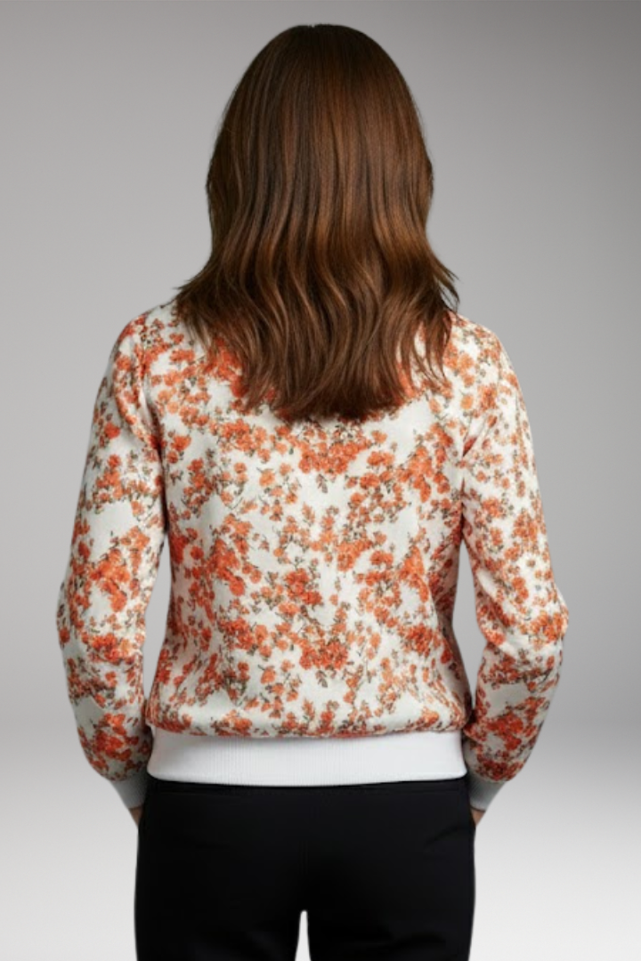 Women’s Bomber Jacket with Floral Design and Zipper Closure