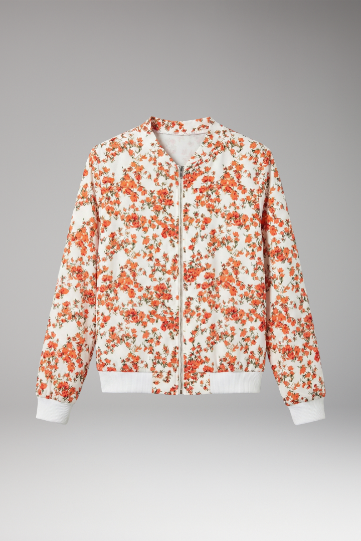 Women’s Bomber Jacket with Floral Design and Zipper Closure