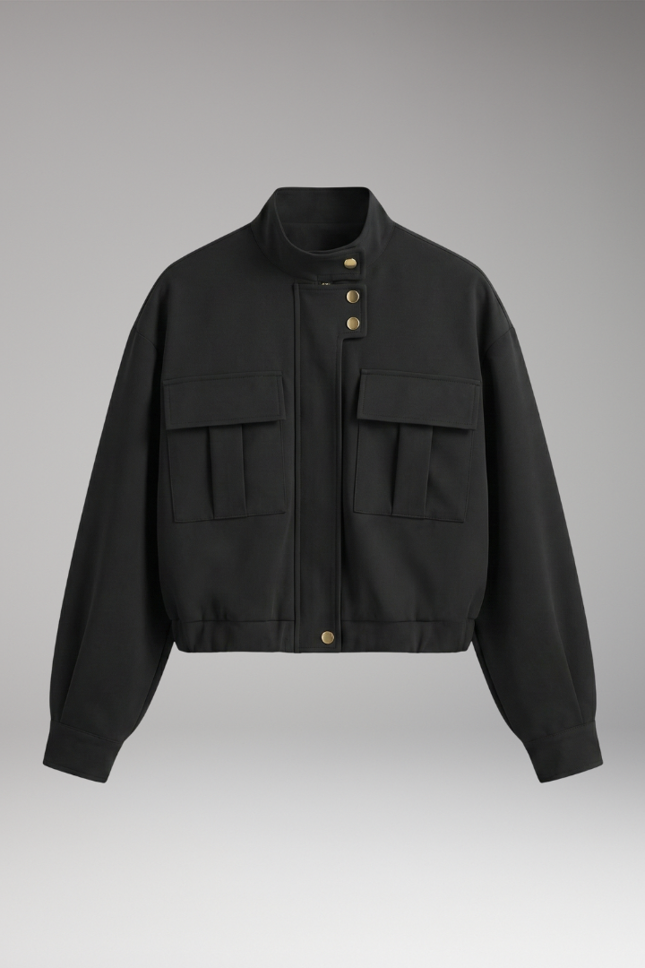 Women’s Bomber Jacket with Front Closure and Pocket Arrangement