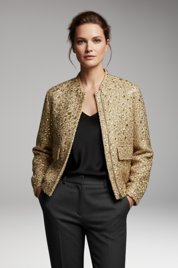Women's Bomber Jacket with Golden Sequins and Casual Fit