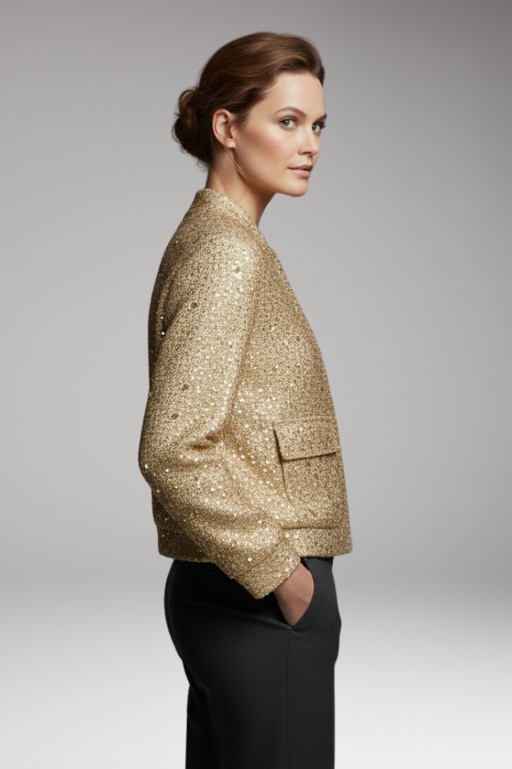 Women's Bomber Jacket with Golden Sequins and Casual Fit