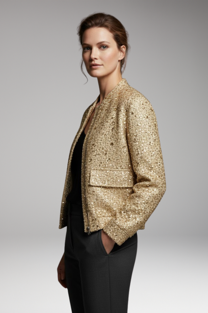 Women's Bomber Jacket with Golden Sequins and Casual Fit
