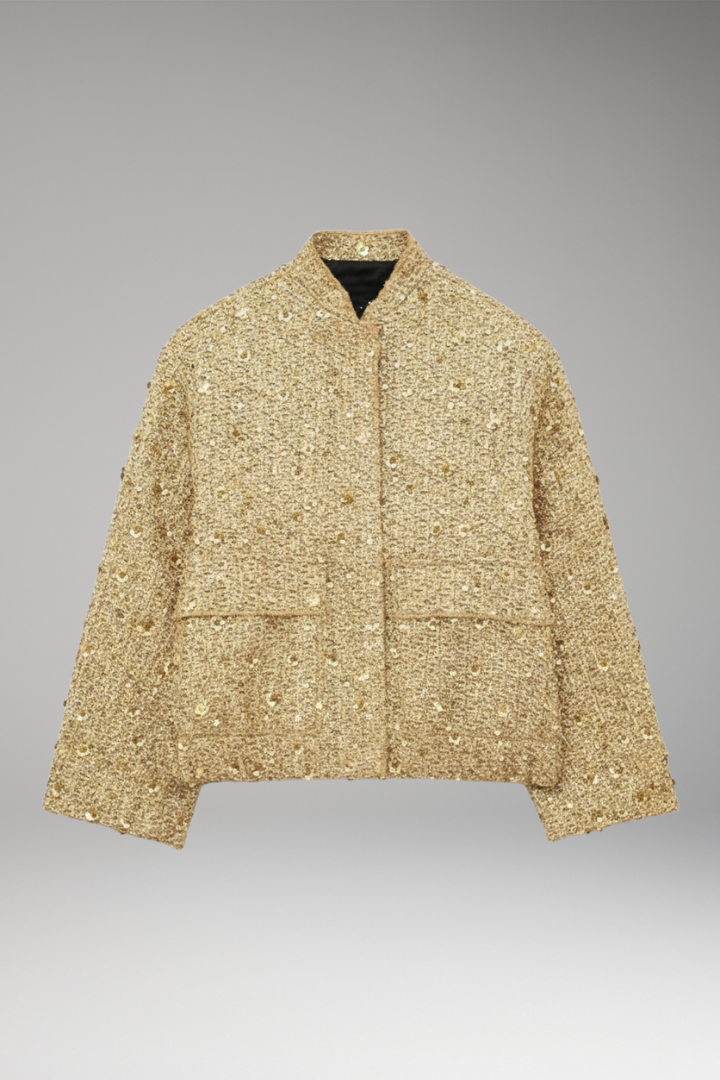 Women's Bomber Jacket with Golden Sequins and Casual Fit