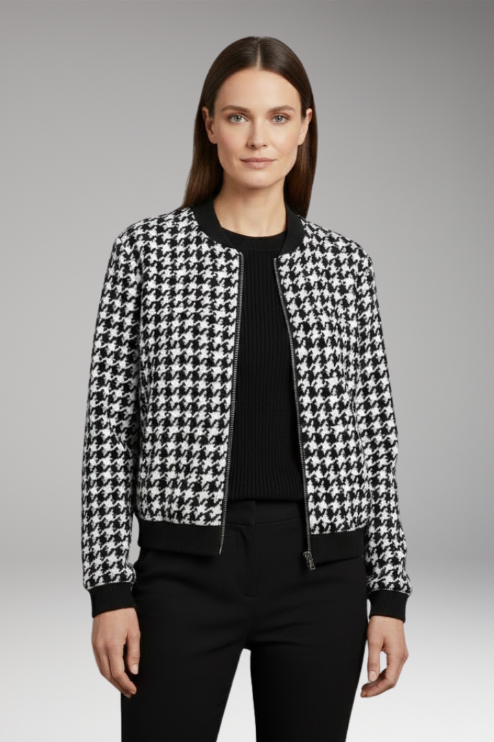 Women’s Bomber Jacket with Houndstooth Pattern and Elastic Cuffs