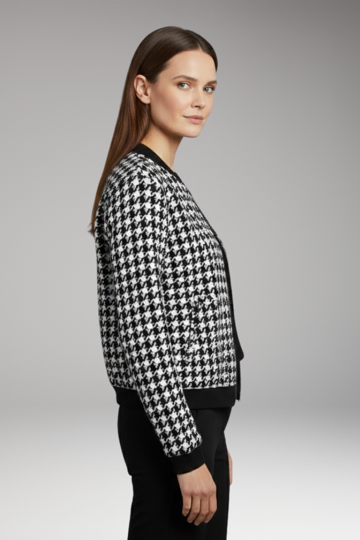 Women’s Bomber Jacket with Houndstooth Pattern and Elastic Cuffs