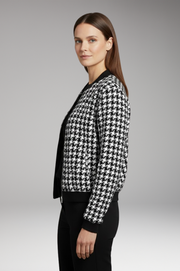 Women’s Bomber Jacket with Houndstooth Pattern and Elastic Cuffs
