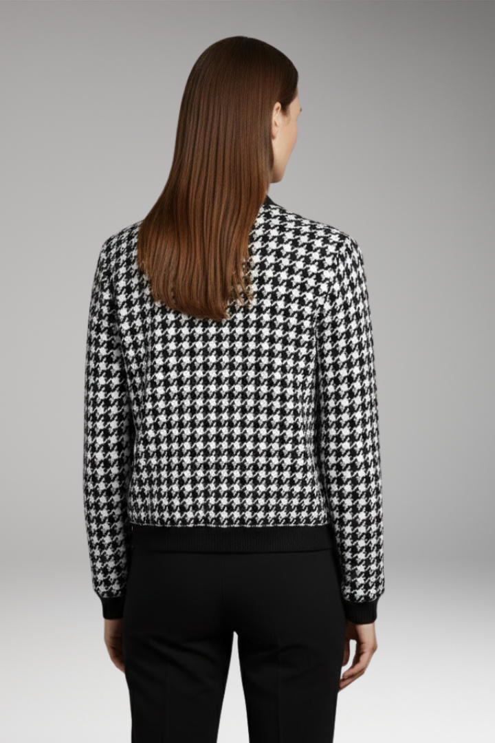 Women’s Bomber Jacket with Houndstooth Pattern and Elastic Cuffs