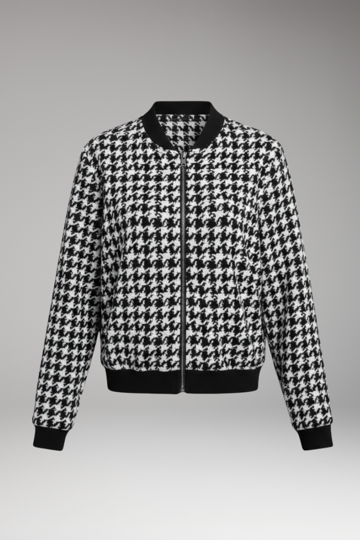 Women’s Bomber Jacket with Houndstooth Pattern and Elastic Cuffs