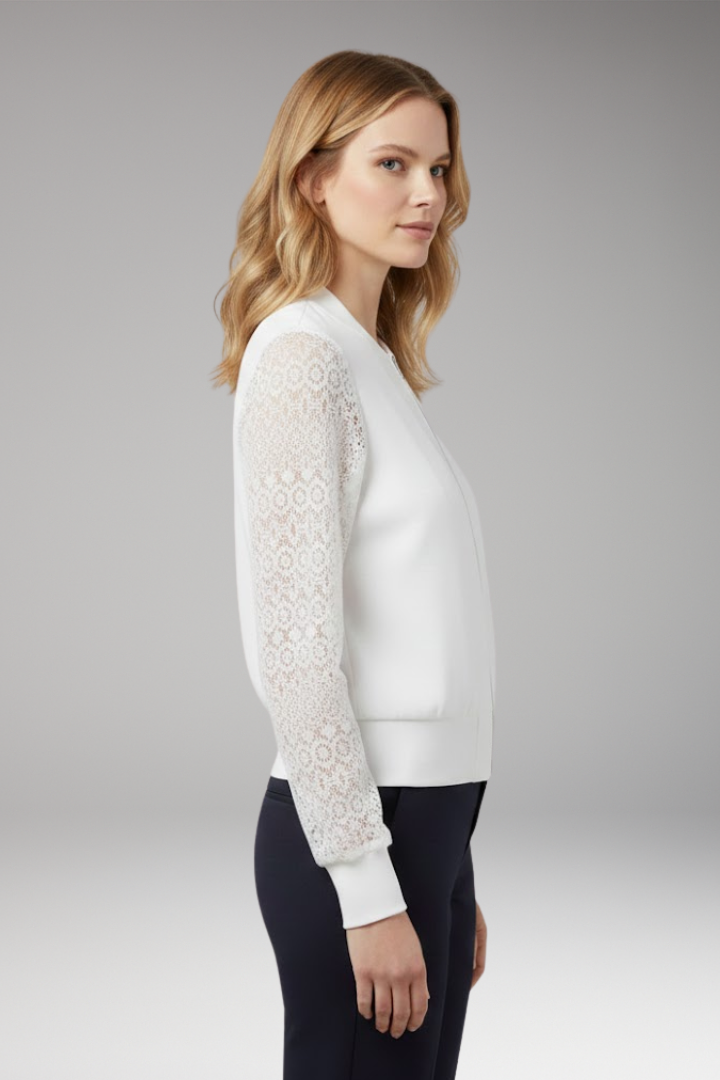 Women’s Bomber Jacket with Lace Sleeves and Elastic Cuffs
