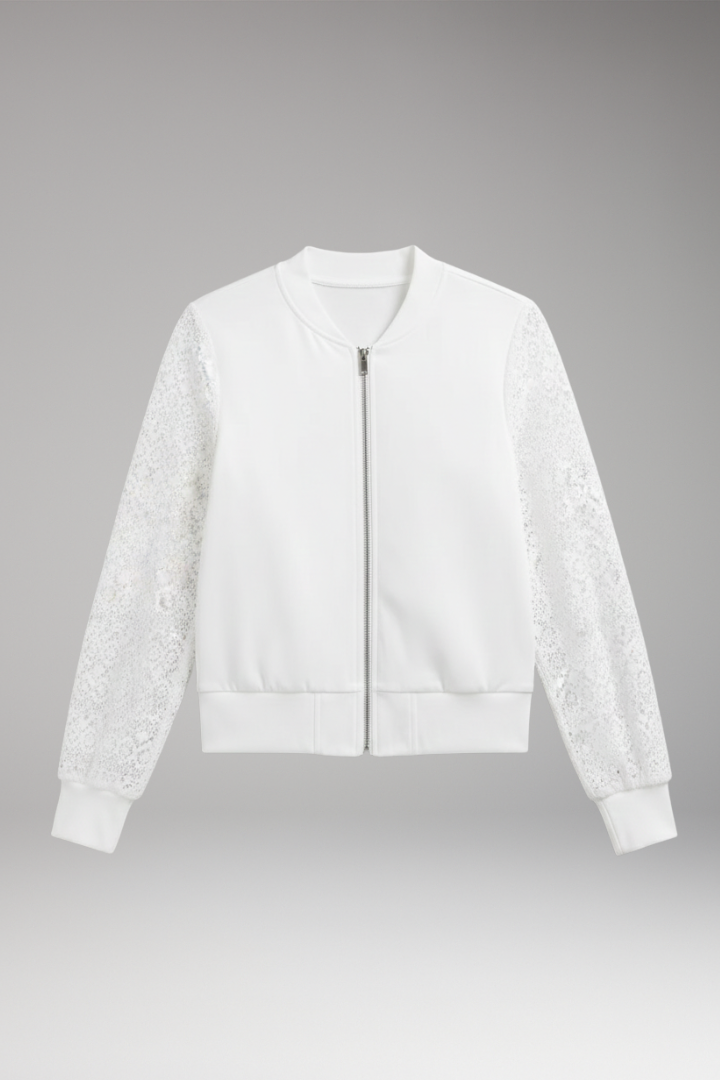Women’s Bomber Jacket with Lace Sleeves and Elastic Cuffs
