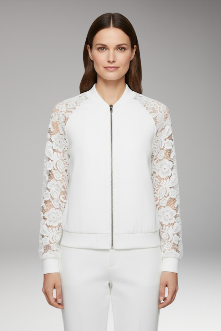 Women's Bomber Jacket with Lace Sleeves and Full-Length Zip