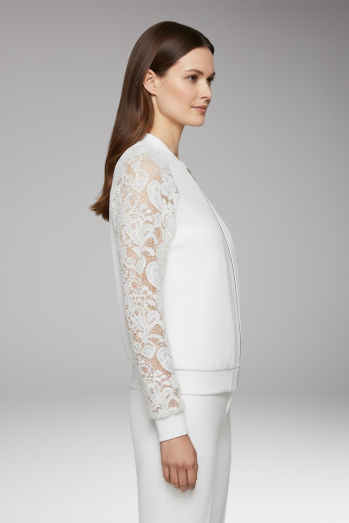 Women's Bomber Jacket with Lace Sleeves and Full-Length Zip