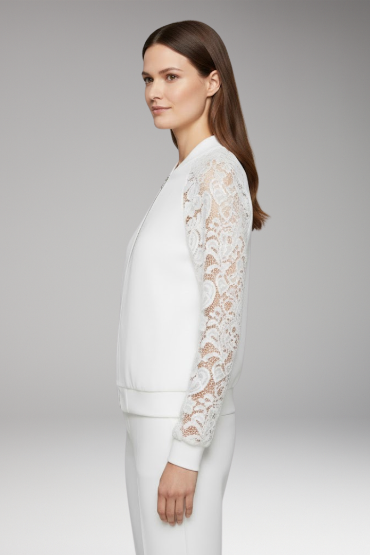 Women's Bomber Jacket with Lace Sleeves and Full-Length Zip