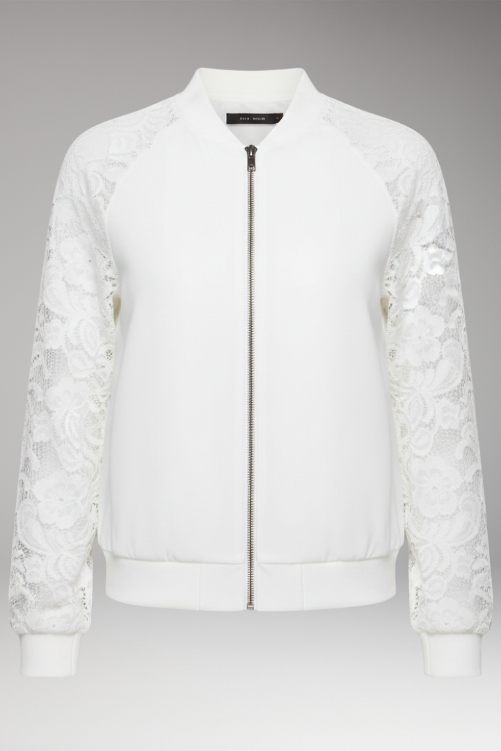 Women's Bomber Jacket with Lace Sleeves and Full-Length Zip